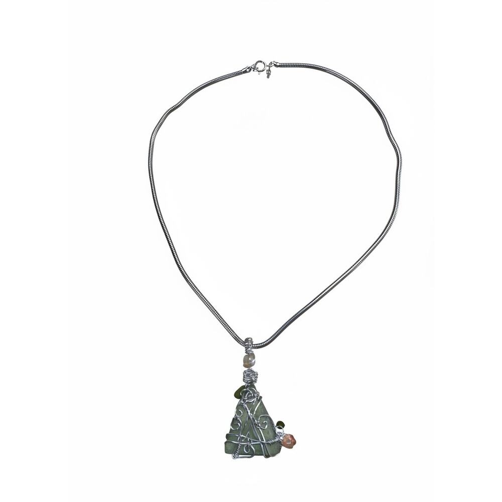 Vintage Trifari Snake Chain Necklace Handmade Jasper Wire Wrapped Pendant 22” - Picture 6 of 12